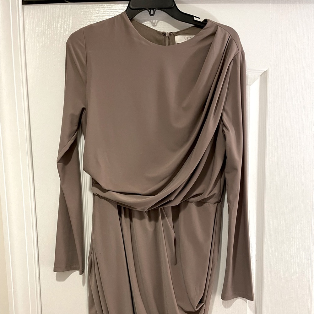 Astr Taupe Draped Long Sleeve Midi Dress